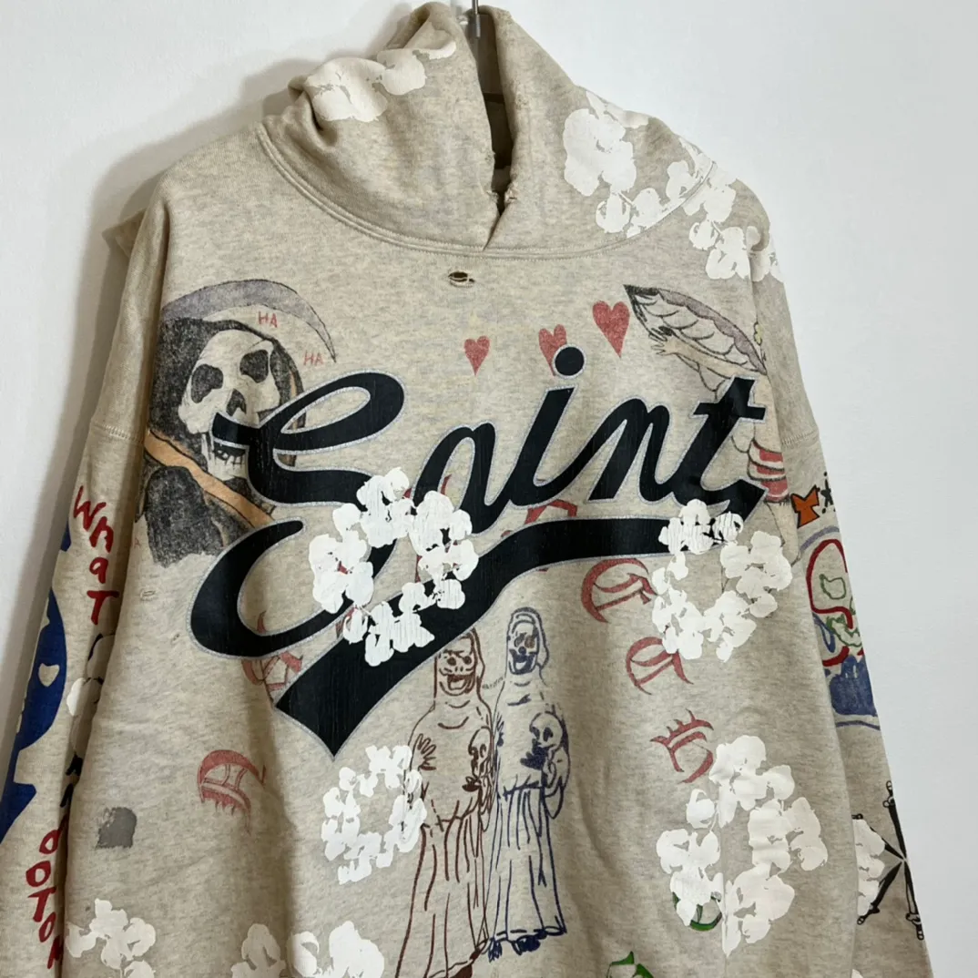 DENIM TEARS × ©SAINT M×××××× "SAINT TEARS" Graffiti Hoodie Joint Model Cotton Graffiti Hoodie Fully Printed Washed Distressed Holes Vintage Sweatshirt Gray S-XL Super Heavy Duty! The whole piece is printed with 35 screens and counterpoint printing!